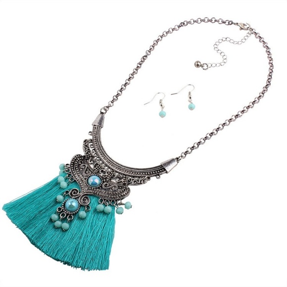 NS11 | Boho Turquoise Tassel Statem Necklace - Picture 3 of 3